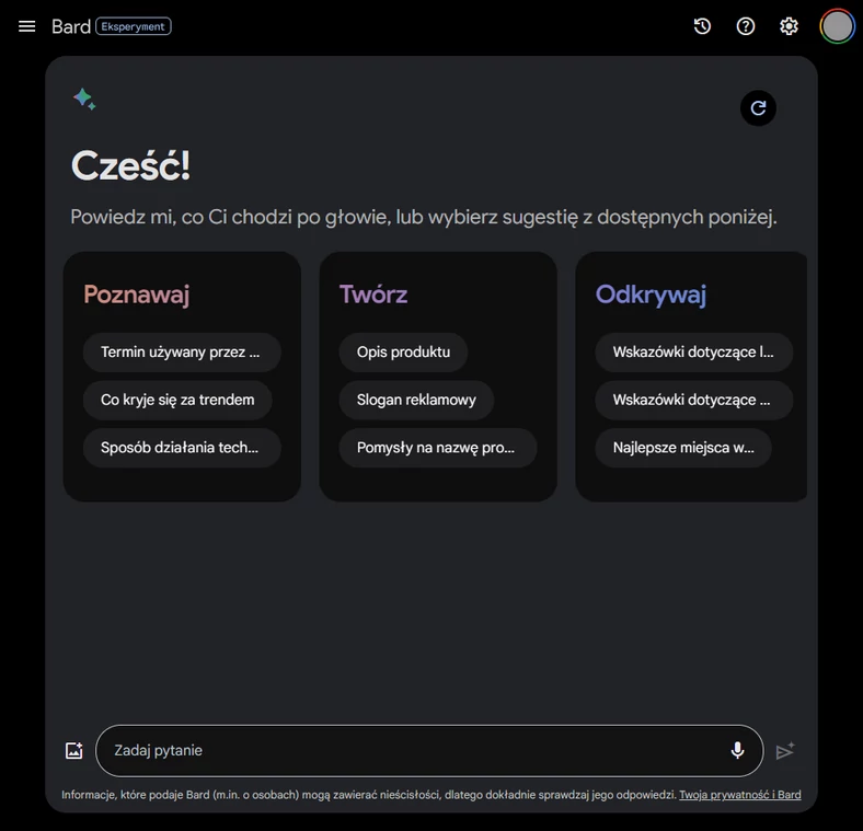 Google Bard ekran początkowy