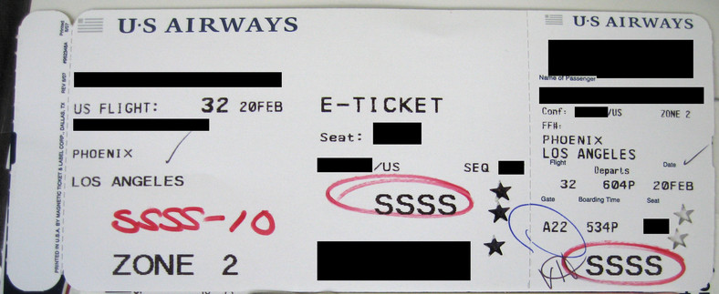 Karta pokładowa z oznaczeniem SSSS