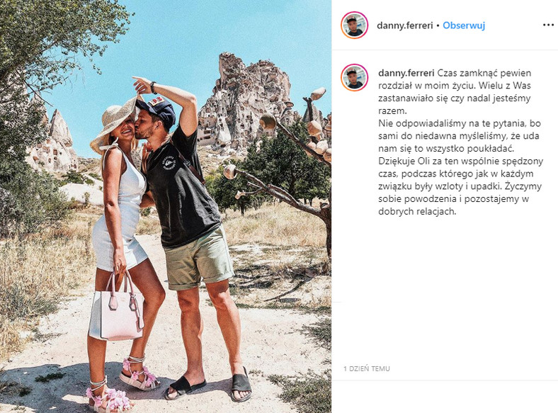 Danny Ferreri potwierdza rozstanie z Olą Ciupą na Instagramie