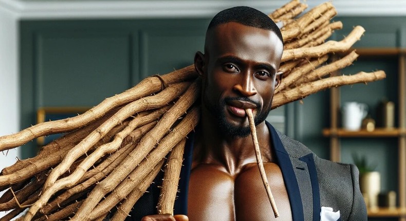 DALL·E 2024-06-12 111942 - An AI-generated African man chewing thin Mukombero roots while carrying many roots, wearing a suit, and showing muscular build He is standing in a modern home sett