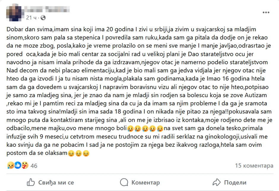 Jasminina objava na Fejsbuku