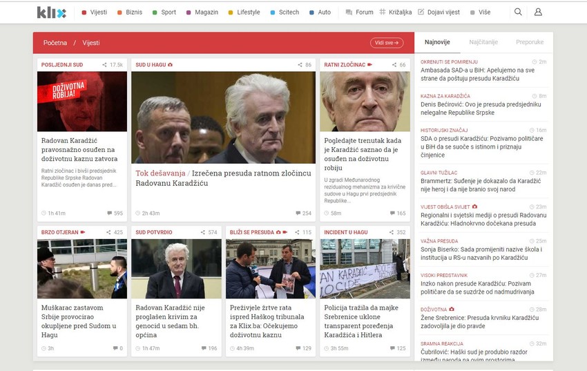 Klix.ba je veliki deo naslovne strane posvetio tekstovima o Karadžiću