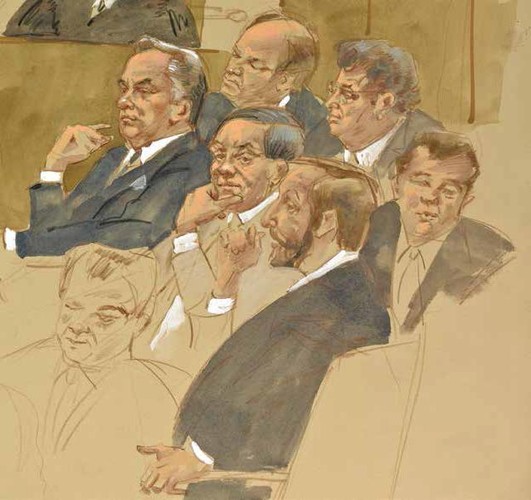 John Gotti, boss nowojorskiej mafii Gambino wraz członkami swojej rodziny i adwokatem, 1991. / rys. Elizabeth Williams