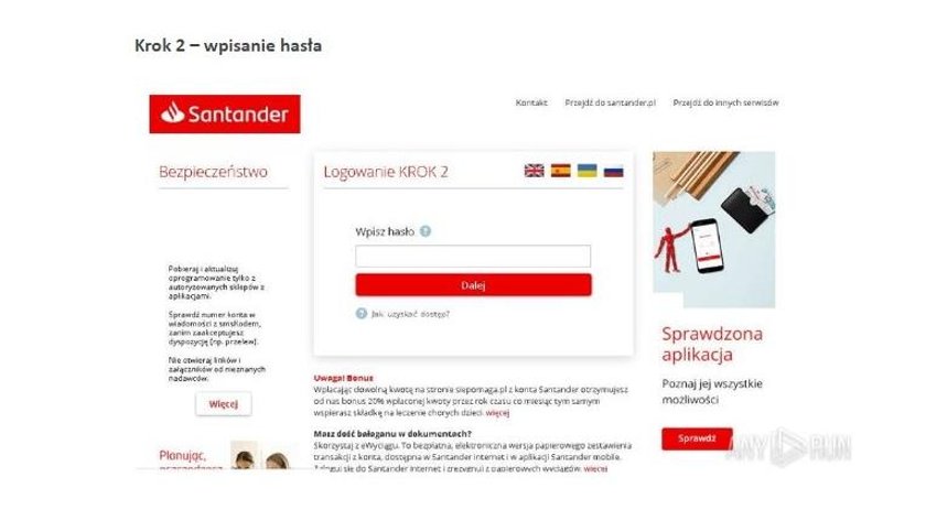 Strona oszustów podszywających się pod bank Santander