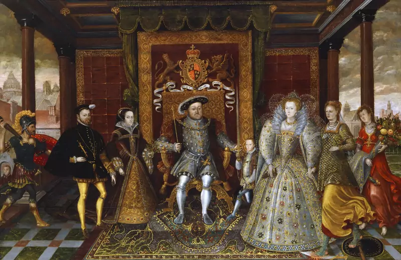 Obraz przedstawiający alegorię linii sukcesji po Henryku VIII. Maria I Tudor po lewej stronie obrazu (burgundowa suknia), wraz z Filipem I  / Getty Images