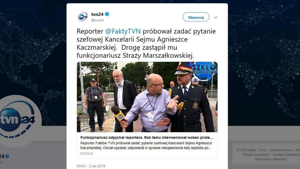 Funkcjonariusz Straży Marszałkowskiej nie pozwolił dziennikarzowi TVN na zadanie pytań szefowej Kancelarii Sejmu, Agnieszce Kaczmarskiej. Centrum Monitoringu Wolności Prasy SDP wystosowało w związku z tym protest.