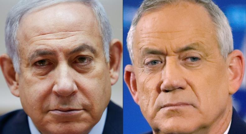 Israeli Prime Minister Benjamin Netanyahu (L) faces a strong challenge from retired general Benny Gantz and his Blue and White alliance in Tuesday's polls