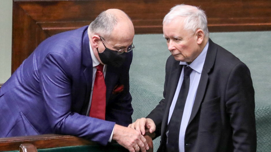 Szef dyplomacji Zbigniew Rau i prezes PiS Jarosław Kaczyński