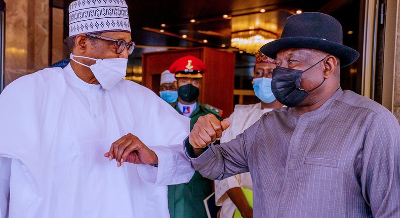 President Muhammadu Buhari and former President Goodluck Jonathan at Aso Rock. []Presidency