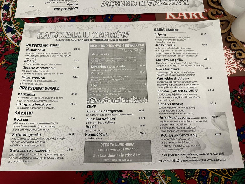 Menu w restauracji "Karczma u Ceprów"