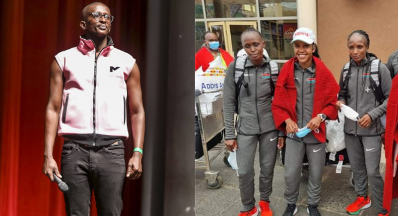 Njugush and  Faith Kipyegon and Hellen Obiri. Ngugush takes a Jibe at gov’t for ignoring Team Kenya upon return form Tokyo