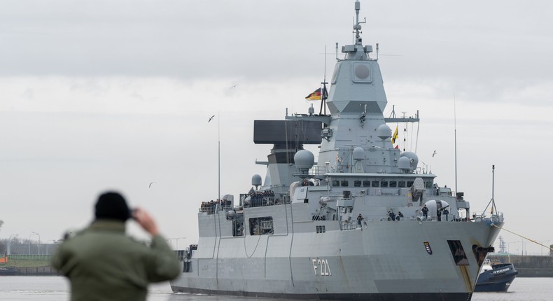 The Hessen as it departs for deployment in the Red Sea on Feb. 8, 2024 in Wilhelmshaven, Germany.Photo by David Hecker/Getty Images