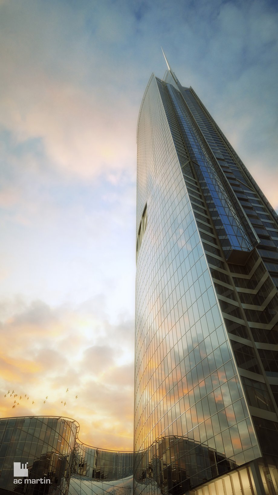 The glass-encased tower will have a clean, reflective finish. Thirty-five elevators will take visitors to their destination floors.