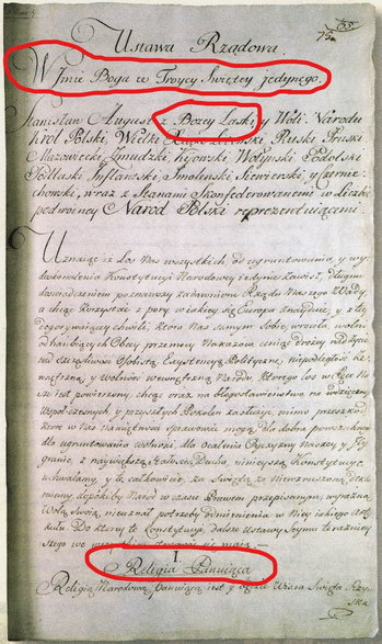Rękopis Konstytucji 3 maja zawarty w Metryce Litewskiej (zaznaczenia moje)