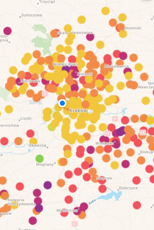 Mapa jakości powietrza w Krakowie i okolicach. Źródło: Airly