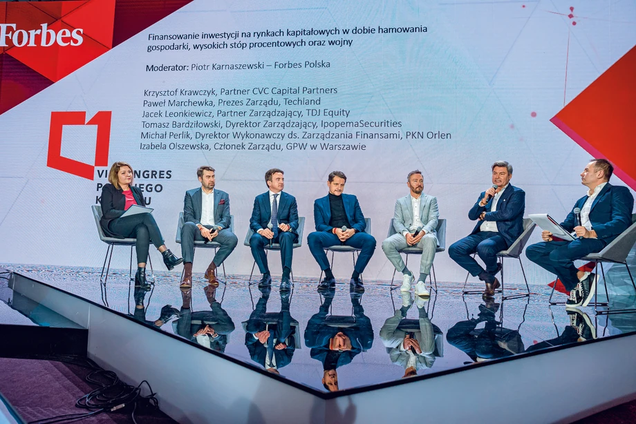 Od lewej: Izabela Olszewska (GPW), Michał Perlik (PKN ORLEN), Tomasz Bardziłowski (Ipopema Securities), Jacek Leonkiewicz (TDJ Equity), Paweł Marchewka (Techland) i Krzysztof Krawczyk (CVC Capital Partners) dyskutowali na temat finansowania inwestycji na rynkach kapitałowych.