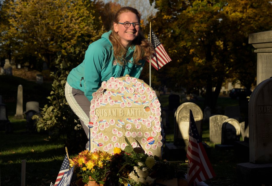 Brenda Klein of Rochester posing for a photo at Anthony's grave on Tuesday.