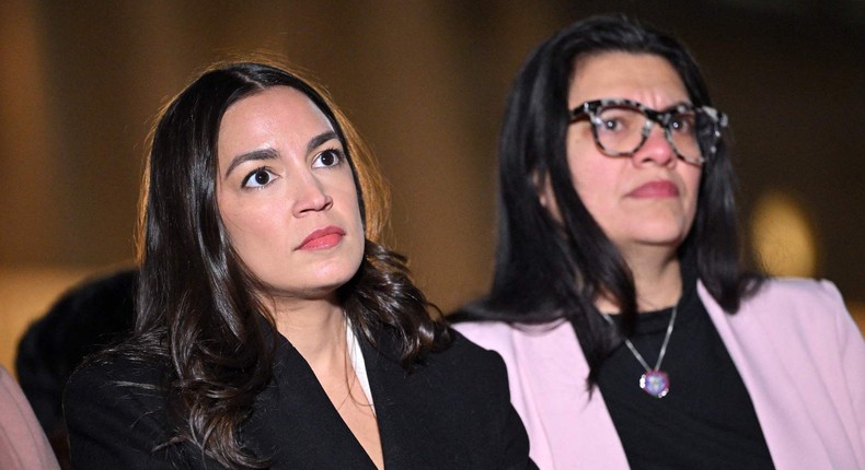 Rep. Alexandria Ocasio-Cortez with Rep. Rashida Tlaib at a press conference on Capitol Hill.Mandel Ngan/AFP via Getty Images