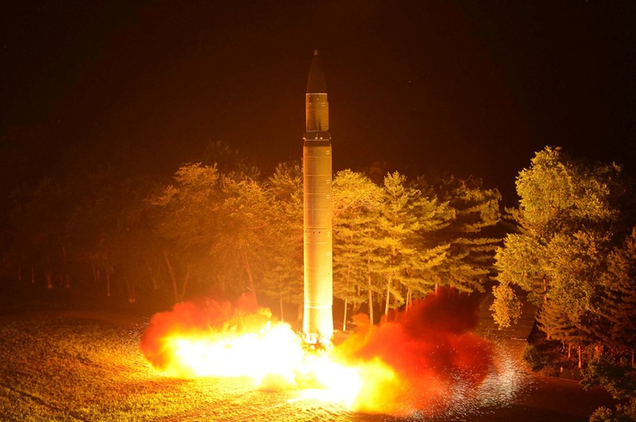 Intercontinental ballistic missile (ICBM) Hwasong-14 is pictured during its second test-fire