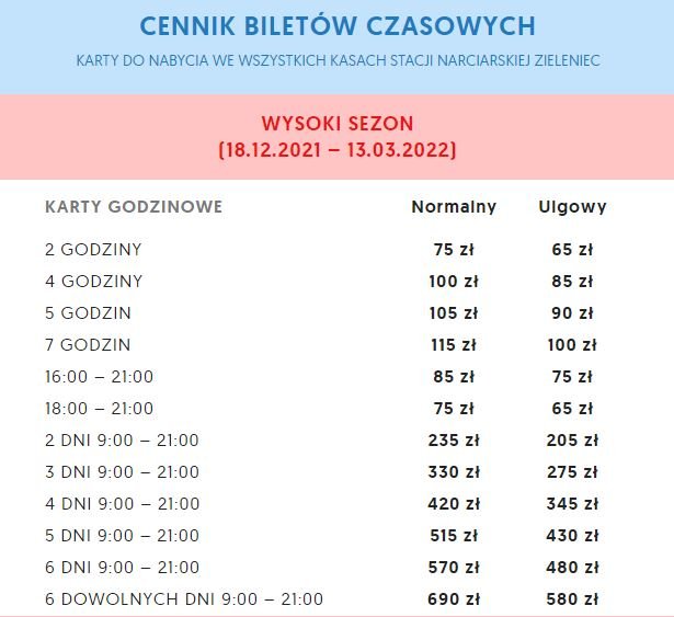 Zieleniec - cennik biletów czasowych