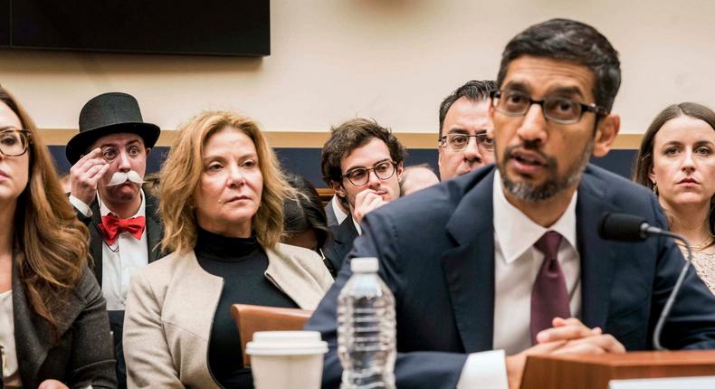 At a House Judiciary Committee hearing with Google CEO Sundar Pichai testifying, policy attorney Ian Madrigal is also Monopoly Man who photo bombs high profile congressional hearings on Capitol Hill in Washington, DC on Tuesday December 11, 2018.