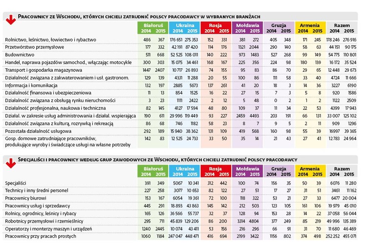 Największe zapotrzebowanie na pracowników ze Wschodu zgłaszają rolnicy. Ale ich znaczenie słabnie na tle ogólnej liczby ofert pracy dla takich osób. Bo gdy w latach 2009–2011 składali oni aż ponad połowę  oświadczeń o chęci zatrudnienia cudzoziemców, to w roku ubiegłym już tylko 35 proc. mimo wzrostu ich liczby o 99 tys. w porównaniu z rokiem, poprzednim do 277 tys. <br>Zdaniem ekspertów, w wielu regionach kraju pracownicy ze Wschodu zatrudniani w rolnictwie są niezastąpieni. Na przykład trudno sobie wyobrazić funkcjonowanie bez Ukraińców plantacji truskawek i malin w okolicach Płońska. – Bez nich musiałbym zaorać 20 hektarów pola, na którym uprawiam truskawki, i byłbym zmuszony do przestawienia się na inną produkcję – mówi Krzysztof Nowicki z gminy Czerwińsk.