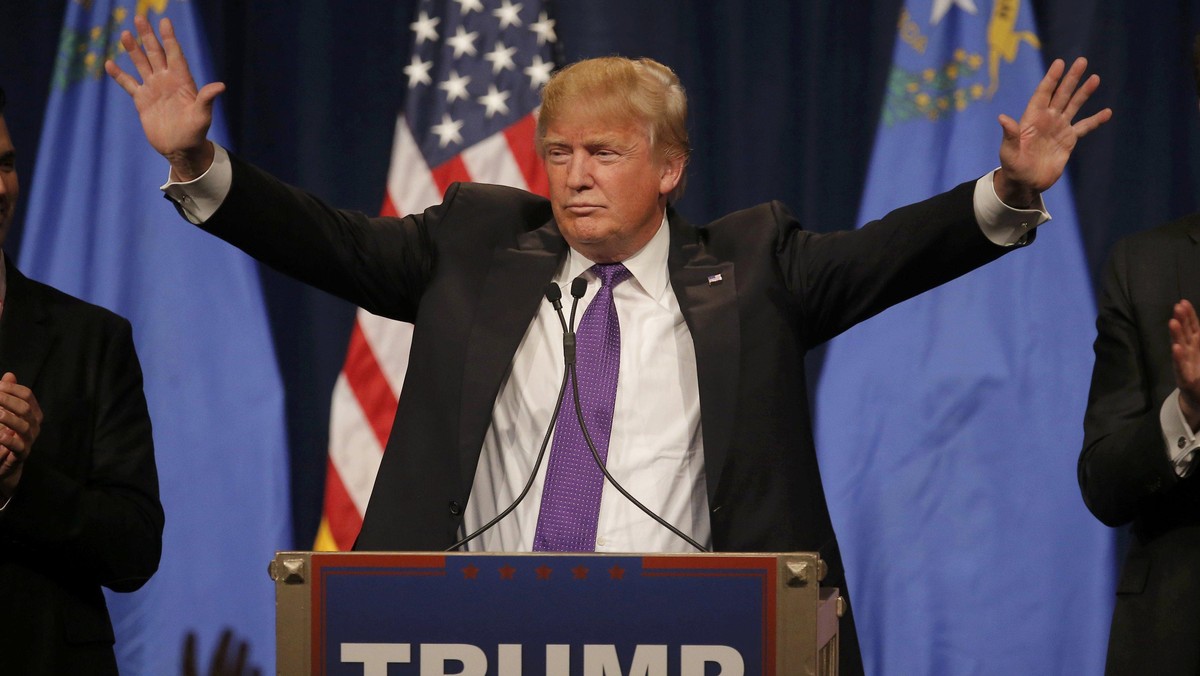 Republican U.S. presidential candidate Donald Trump addresses supporters after being declared by the