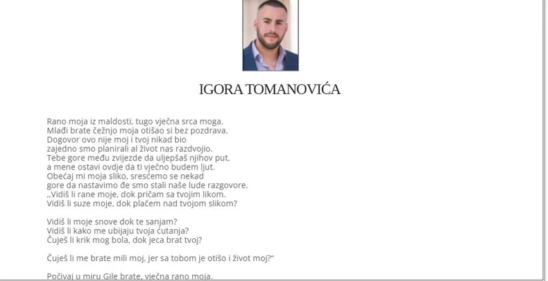 Čitulja posvećena Igoru Tomanoviću 