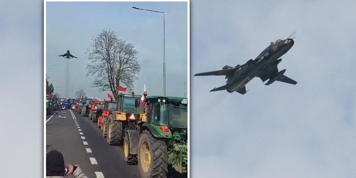 Protest rolników. Niski przelot wojskowego myśliwca nad blokadą.