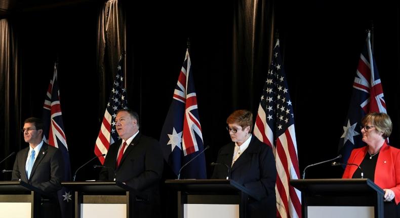 (From left) US Secretary of Defence Mark Esper, US Secretary of State Mike Pompeo, Australian Foreign Minister Marise Payne and Australia's Defence Minister Linda Reynolds at a press conference in Sydney