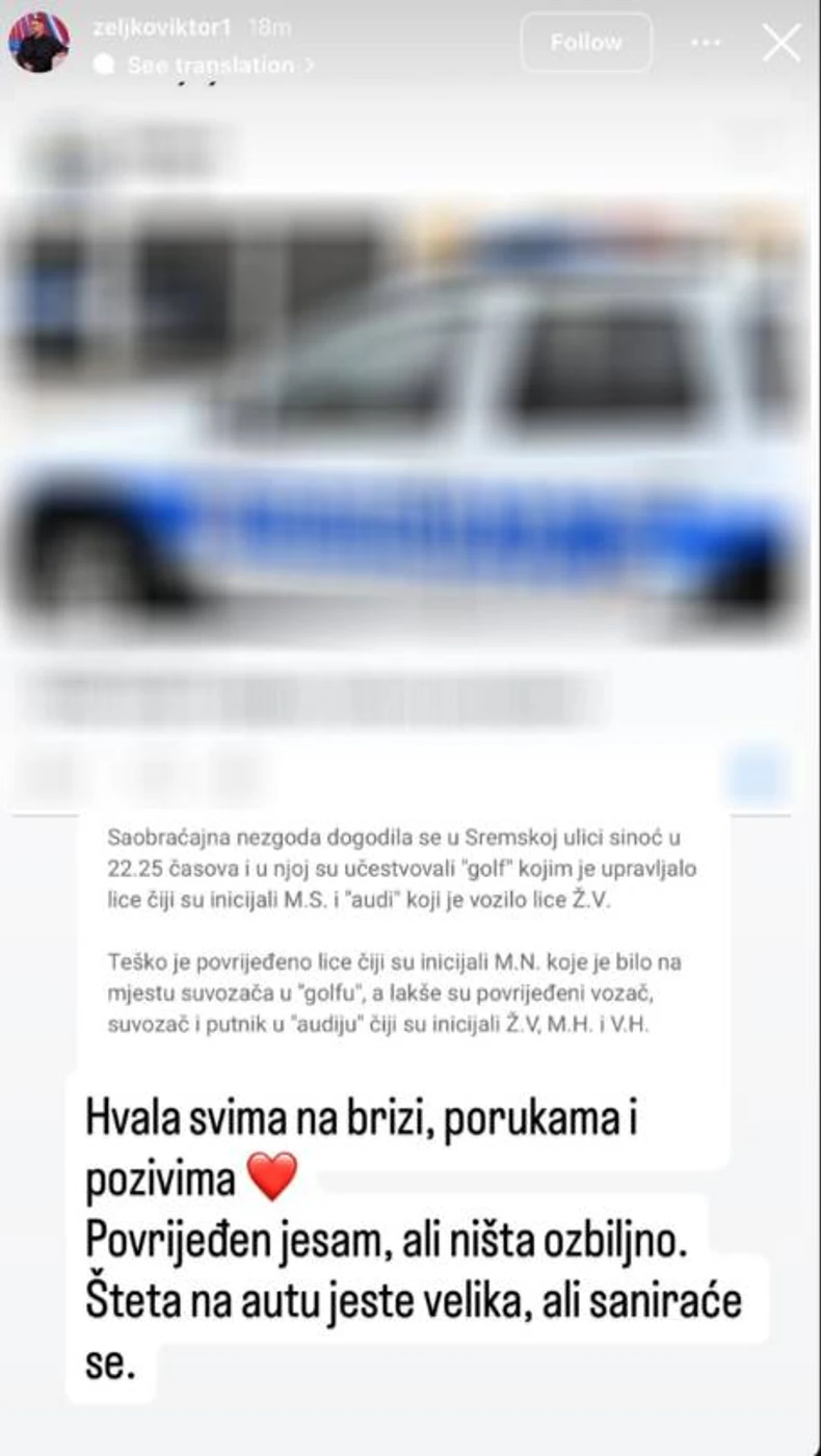 Bivši učesnik Elite Viktor Željko imao saobraćajku: Oglasio se i otkrio da je povređen