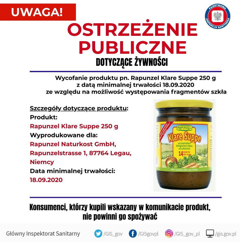 Uwaga! W tym bulionie możesz znaleźć szkło. Wycofują go ze sprzedaży