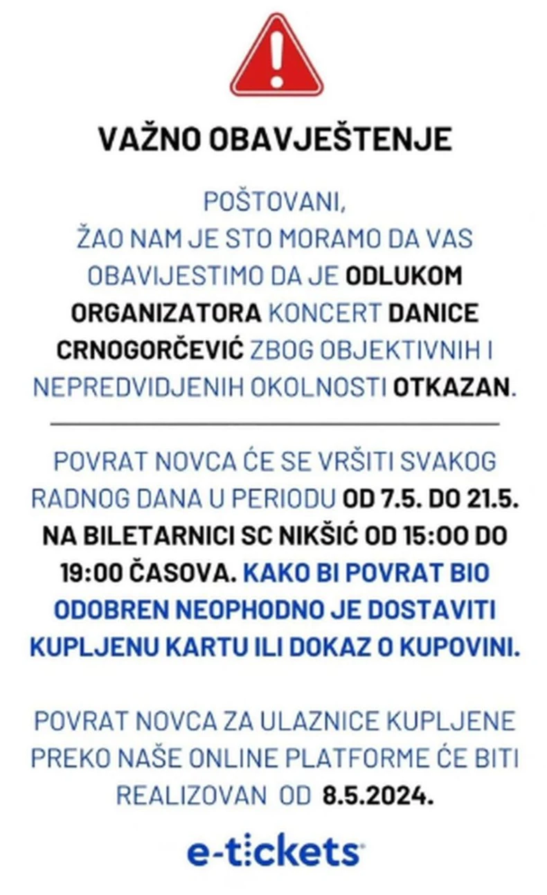 Otkazan koncert Danice Crnogorčević