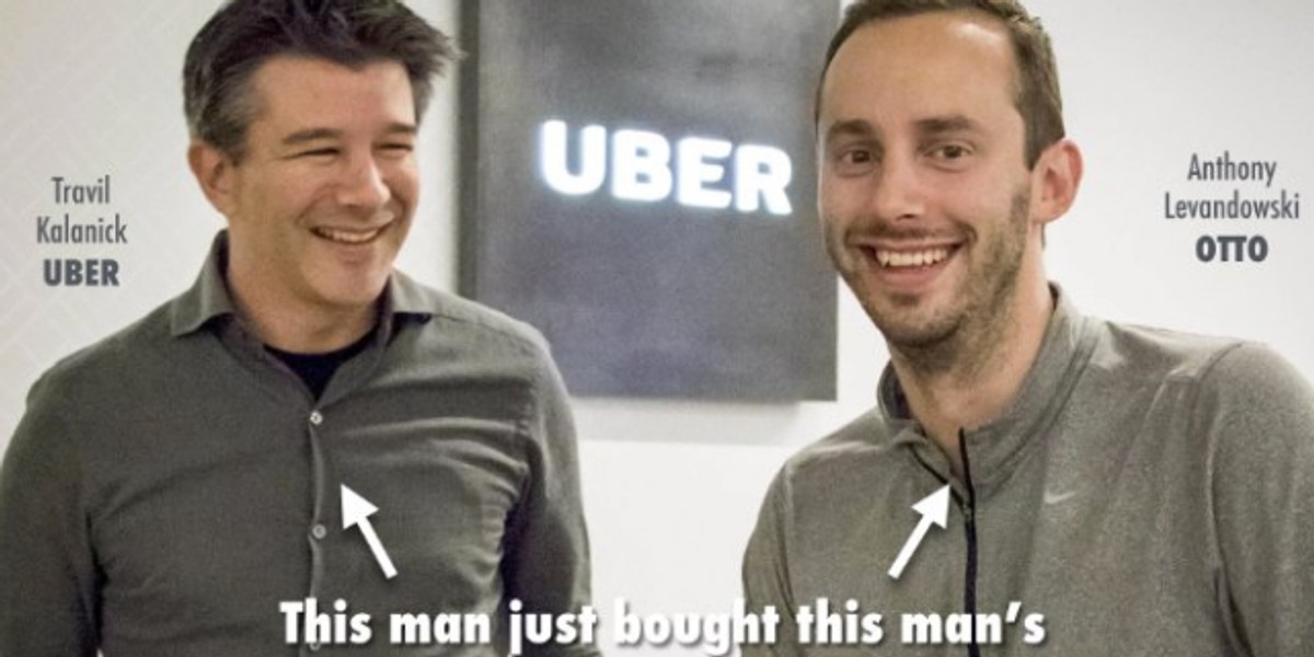 Anthony Levandowski (po prawej) sprzedał swój startup Uberowi (po lewej założyciel Ubera Travil Kalanick)