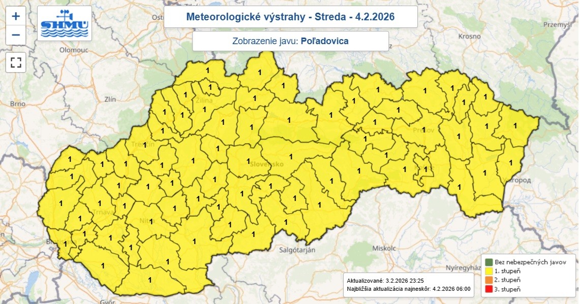 Výstraha prvého stupňa pred poľadovicou je v stredu do 12.00 vydaná pre celé Slovensko, potom ostane v platnosti v Košickom, Prešovskom, Žilinskom a Banskobystrickom kraji okrem okresu Žarnovica.