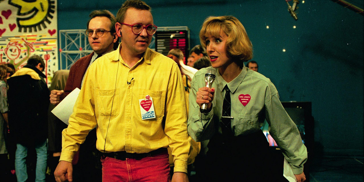 Agata Młynarska i Jerzy Owsiak w studiu TVP w 1993 r.