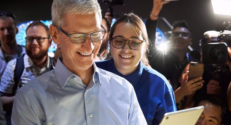 Apple CEO Tim Cook with the new 10.5-inch iPad Pro.