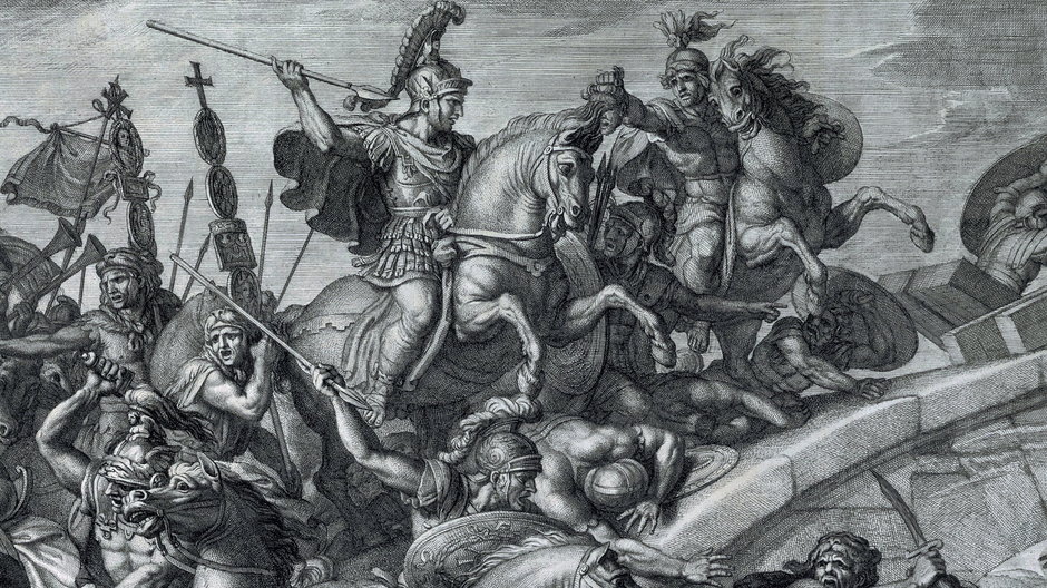 Bitwa przy moście Mulwijskim na grafice Charlesa Le Bruna z 1666 r. 