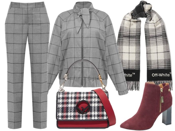 Ubrania w kratę na jesień 2018: spodnie: Cotton Club/cottonclub.pl, kurtka: Cotton Club/cottonclub.pl, buty: Caprice/caprice.pl, torebka, szal: TK Maxx