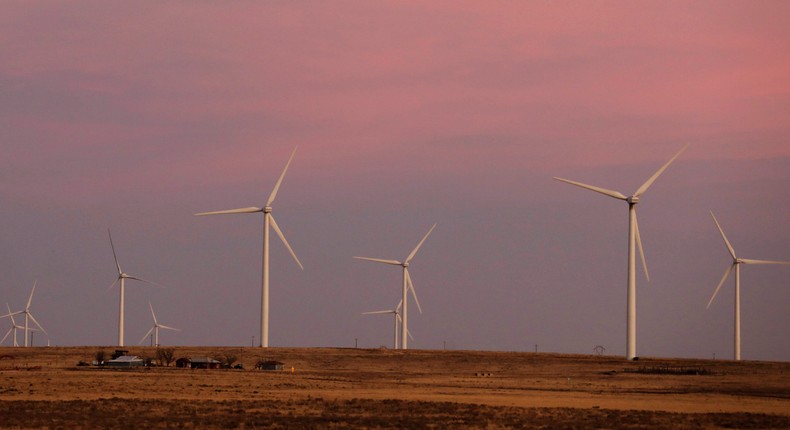 Wind turbines stand above the plains north of Amarillo, Texas, U.S., March 14, 2017.REUTERS/Lucas Jackson