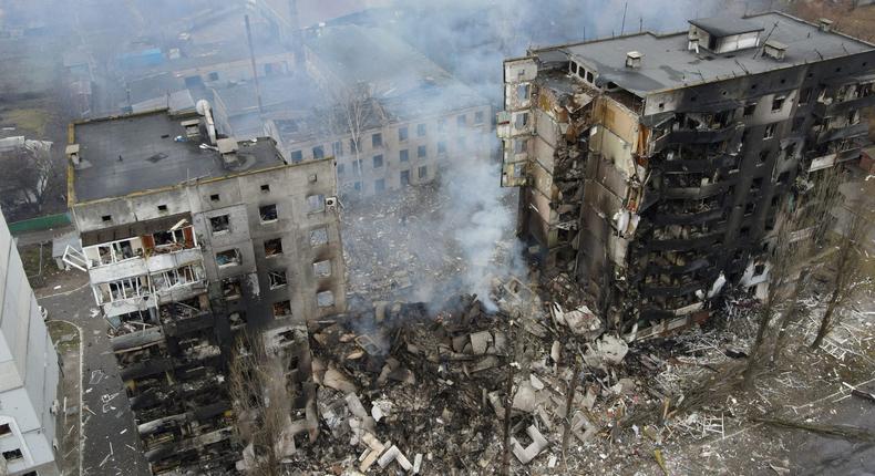 An aerial view shows a residential building destroyed by shelling, as Russia's invasion of Ukraine continues, in the settlement of Borodyanka in the Kyiv region, Ukraine March 3, 2022. Picture taken with a drone.
