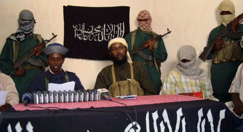 [FILE] Al-Shabaab leaders during a press conference. [Source/Voice of America/Twitter]