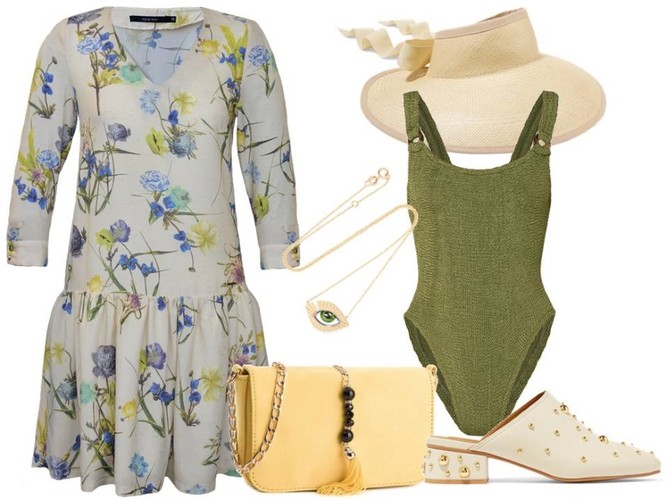 STYLIZACJE boho na zakończenie lata: sukienka-More Moi/moremoi.pl, torebka-menbur/menbur.pl, strój kąpielowy, buty, kapelusz, biżuteria-TK Maxx