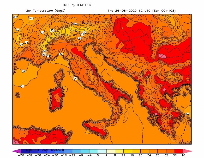 Mapa temperature u četvrtak, 26.juna