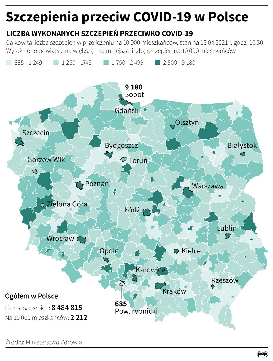 Szczepienia przeciw COVID-19 w Polsce. Stan na 16 kwietnia 2021 r.