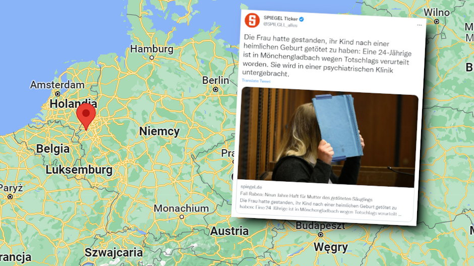 24-letnia Polka podczas rozprawy sądowej. W tle mapa przedstawiająca położenie miasta Monchengladbach