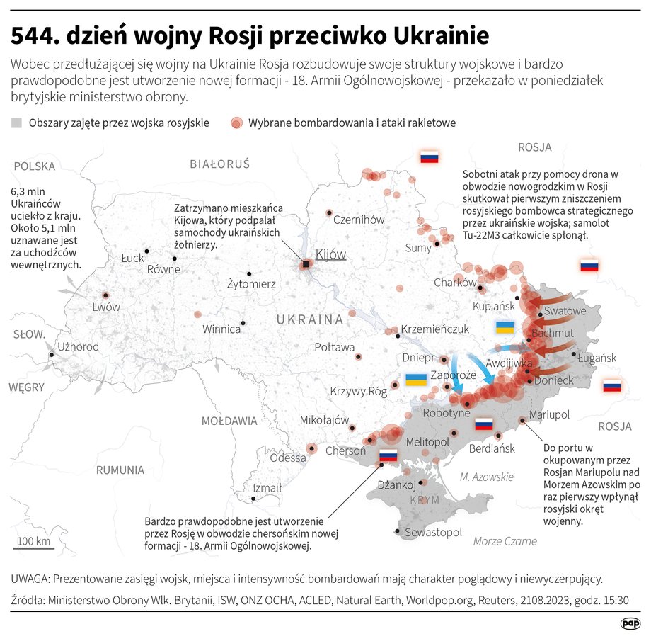 Wobec przedłużającej się wojny na Ukrainie Rosja rozbudowuje swoje struktury wojskowe i bardzo prawdopodobne jest utworzenie nowej formacji - 18. Armii Ogólnowojskowej - przekazało w poniedziałek brytyjskie ministerstwo obrony. W codziennej aktualizacji wywiadowczej przekazano, że armia ta powstanie prawdopodobnie z połączenia i wzmocnienia innych jednostek działających obecnie w obwodzie chersońskim, w tym 22. Korpusu Armijnego, który zwykle stanowi rosyjski garnizon na okupowanym Krymie. Prawdopodobnie będzie się ona składać głównie ze zmobilizowanego personelu i skupi się na defensywnych operacjach na południu Ukrainy.