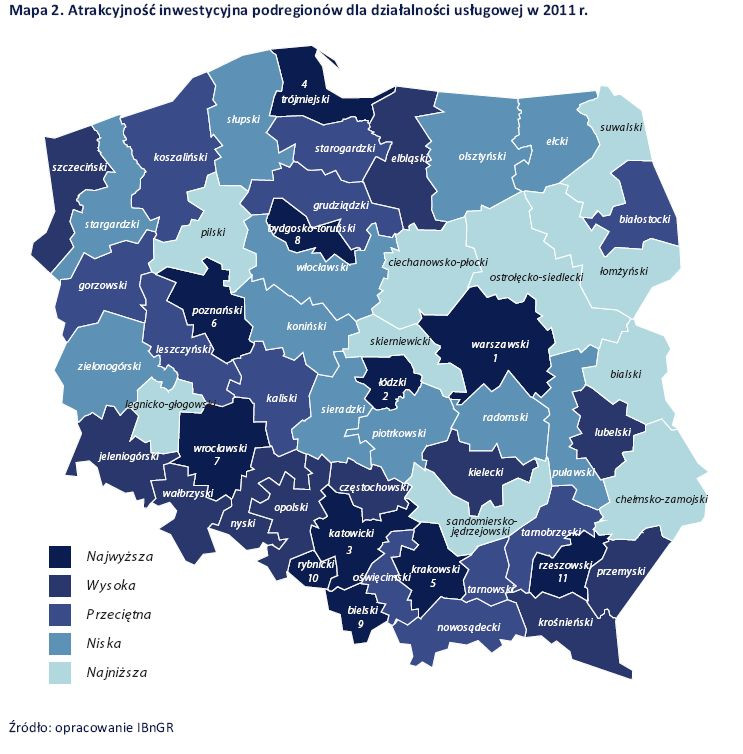Atrakcyjność inwestycyjna podregionów dla działalności usługowej w 2011 r. źródło: Raport 