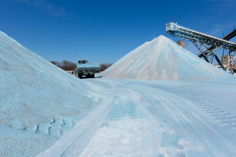 As part of the tour, Rhodes got to explore what goes on above ground, including the huge piles of salt that lie there. Rock salt, used to melt snow and ice on roads, is often dyed blue so that it stands out when it's dispensed on the street.
