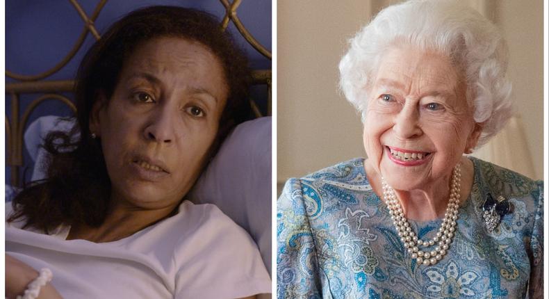Yeshi Kassa in Grandpa Was an Emperor, left, and Queen Elizabeth II pictured in April 2022, right.Courtesy of Constance Marks Productions, Dominic Lipinski - WPA Pool/Getty Images